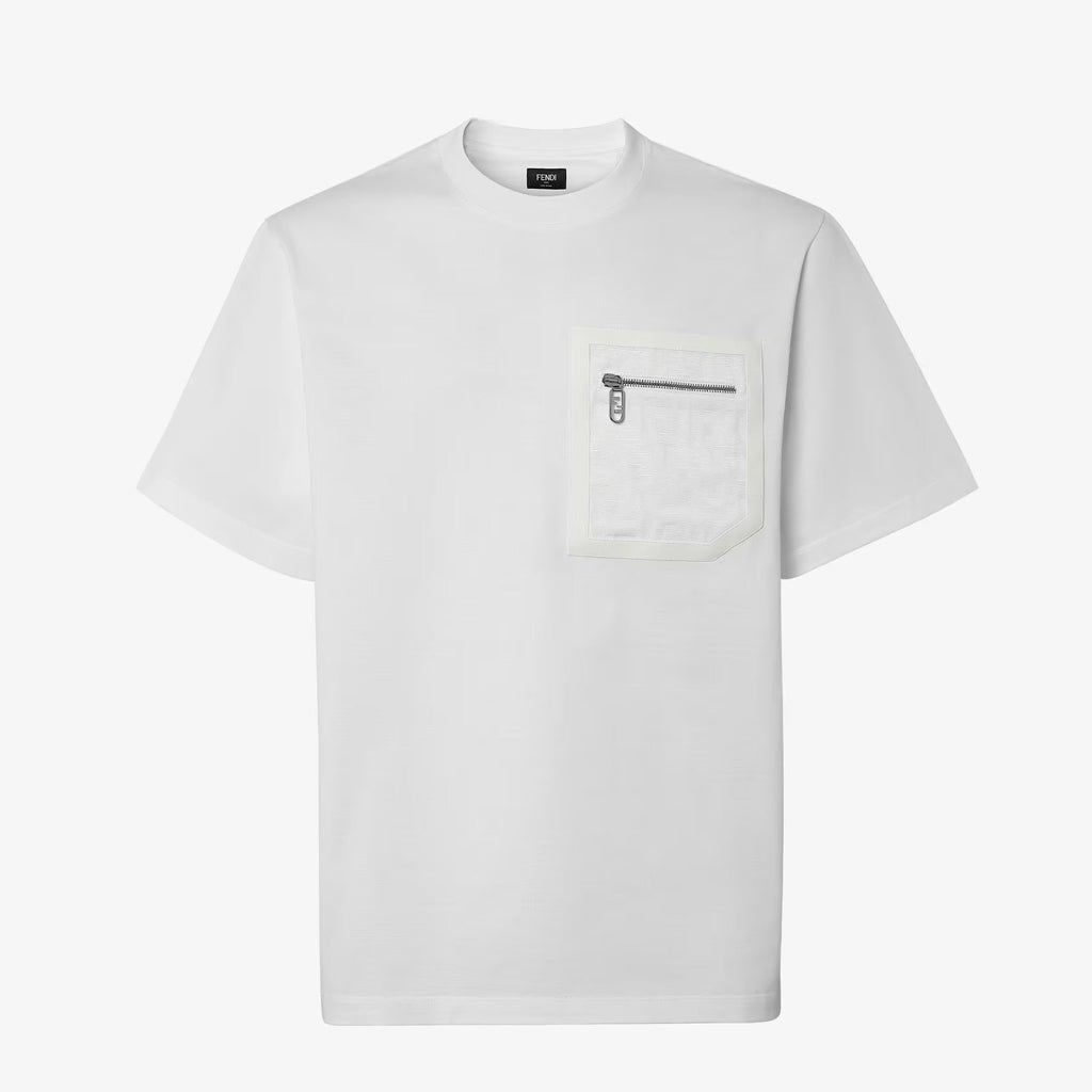 Tricou alb din jerseu cu buzunar cu fermoar