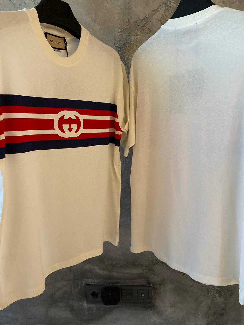 Tricou alb supradimensionat Interlocking G stripe