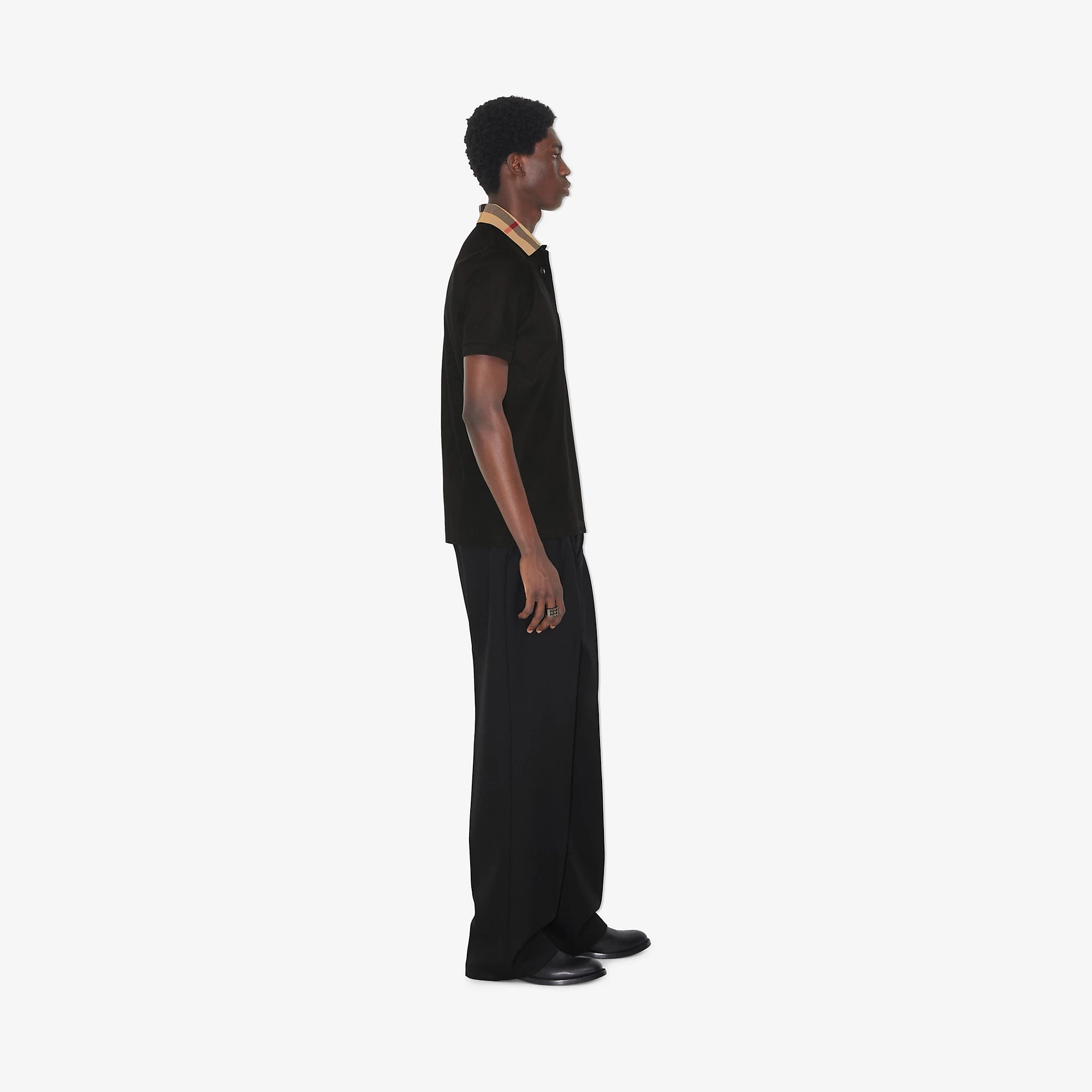 Check Collar Black Cotton Poloshirt