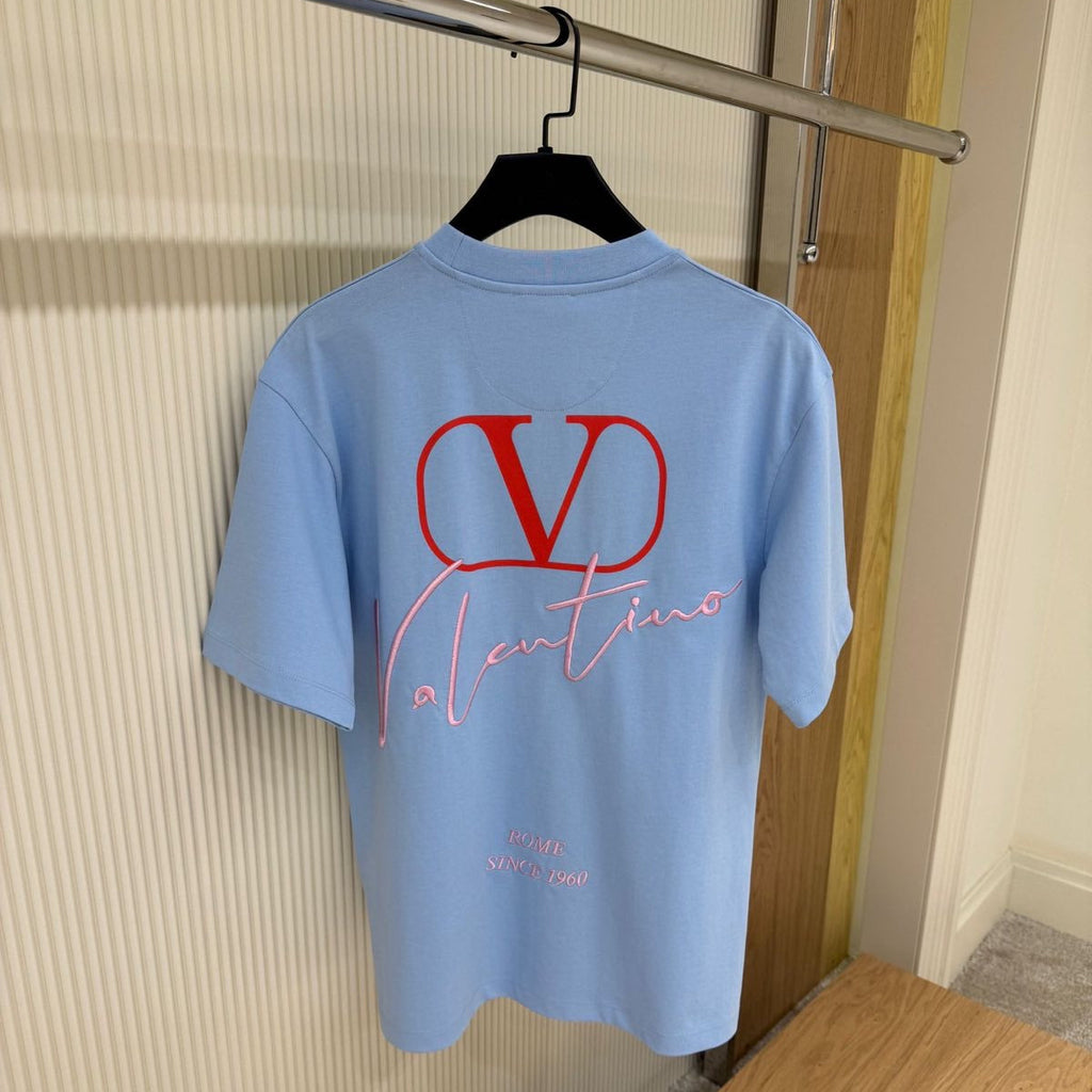 Tricou albastru din bumbac cu imprimeu și broderie