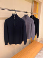 Cashmere-Wool Blend Half-Zip Navy Blue Pullover