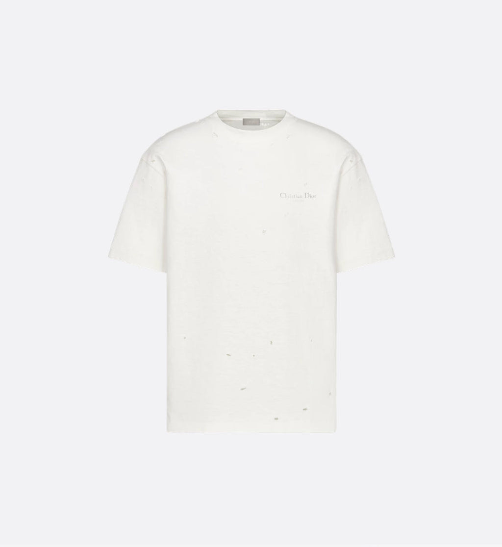 Tricou alb din jerseu de bumbac cu efect distressed