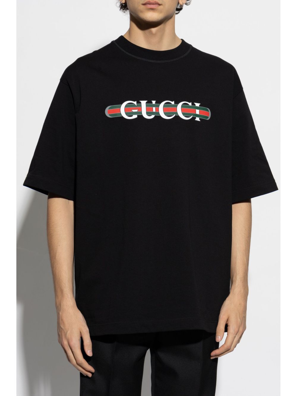 Tricou negru din jerseu de bumbac cu imprimeu logo