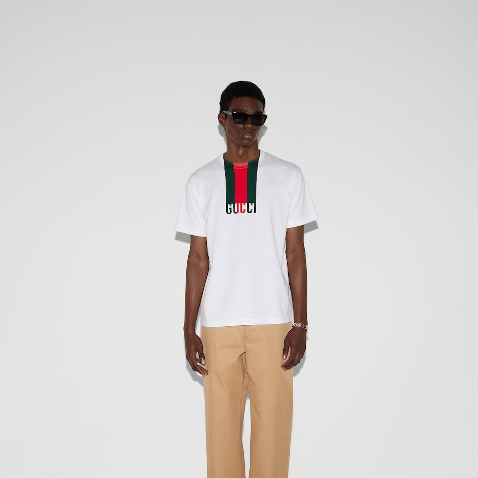 Tricou din jerseu de bumbac alb, cu imprimeu tip pânză de păianjen