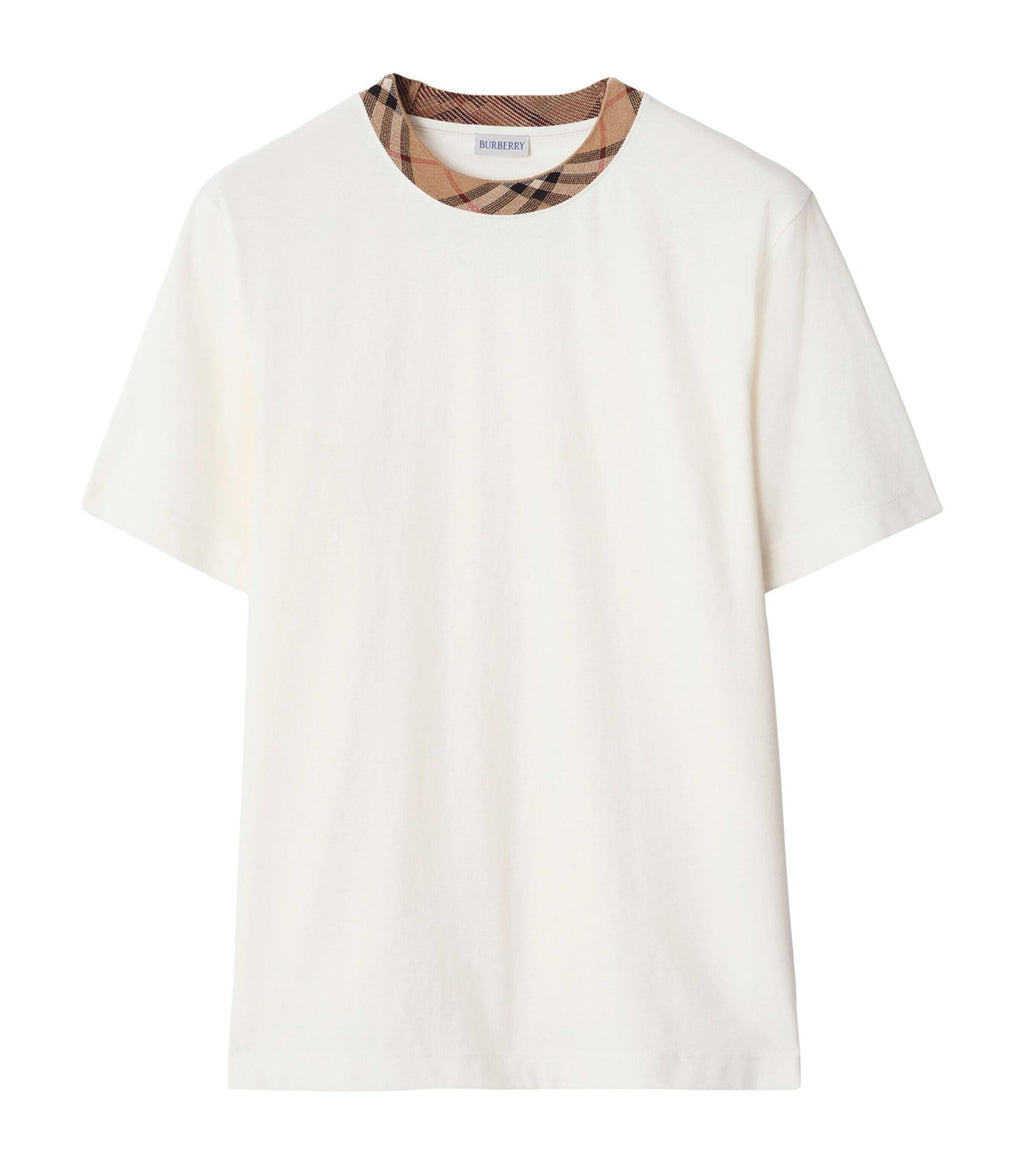 Tricou din bumbac alb cu guler în carouri