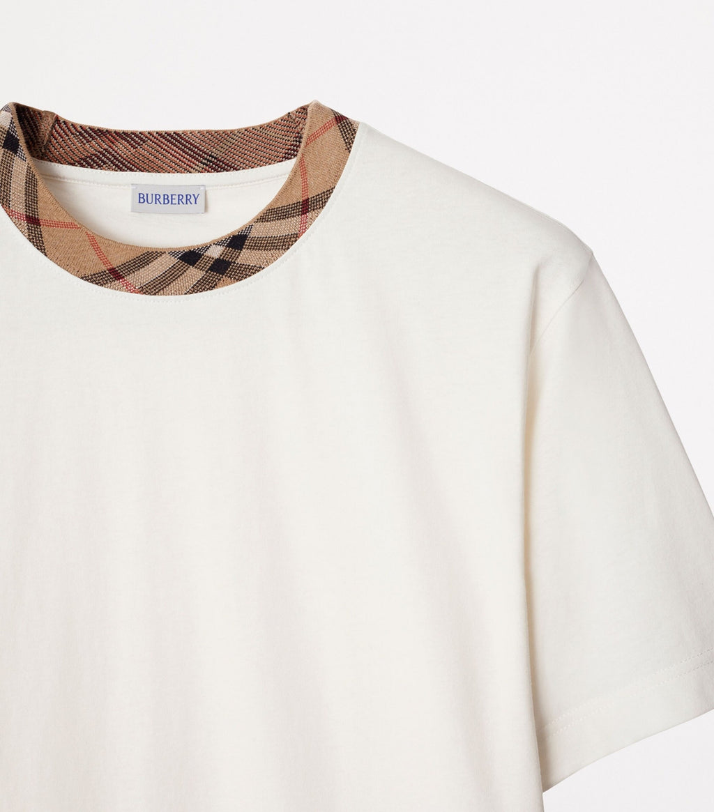Tricou din bumbac alb cu guler în carouri