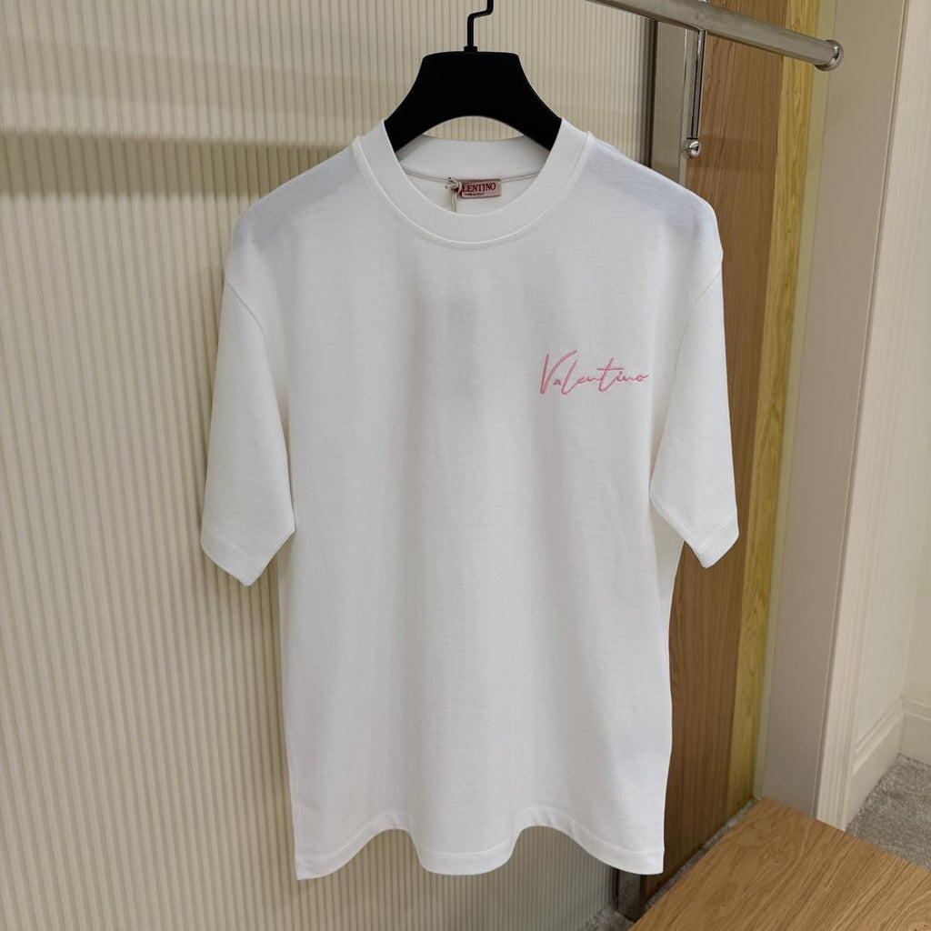 Tricou alb din bumbac cu imprimeu și broderie