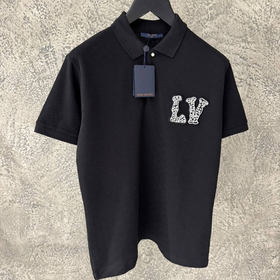 Bluză polo neagră cu monogramă LV
