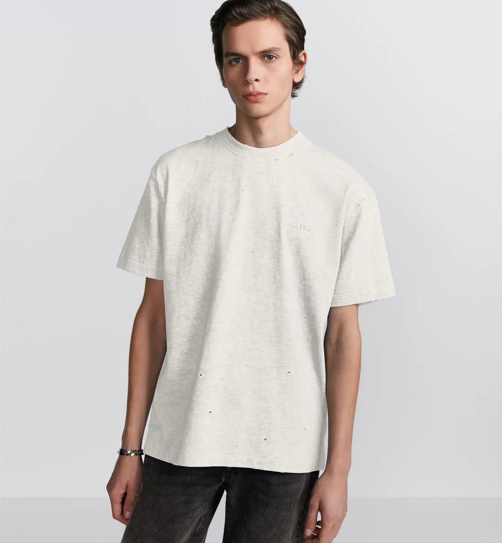 Tricou alb din jerseu de bumbac cu efect distressed