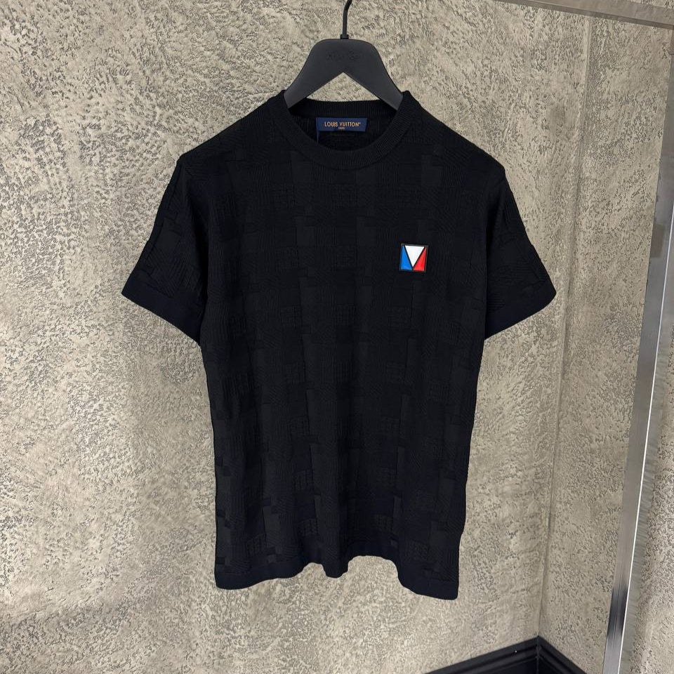 Tricou din bumbac negru Damier Jacquard