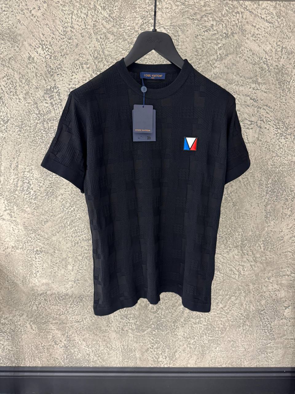 Tricou din bumbac negru Damier Jacquard