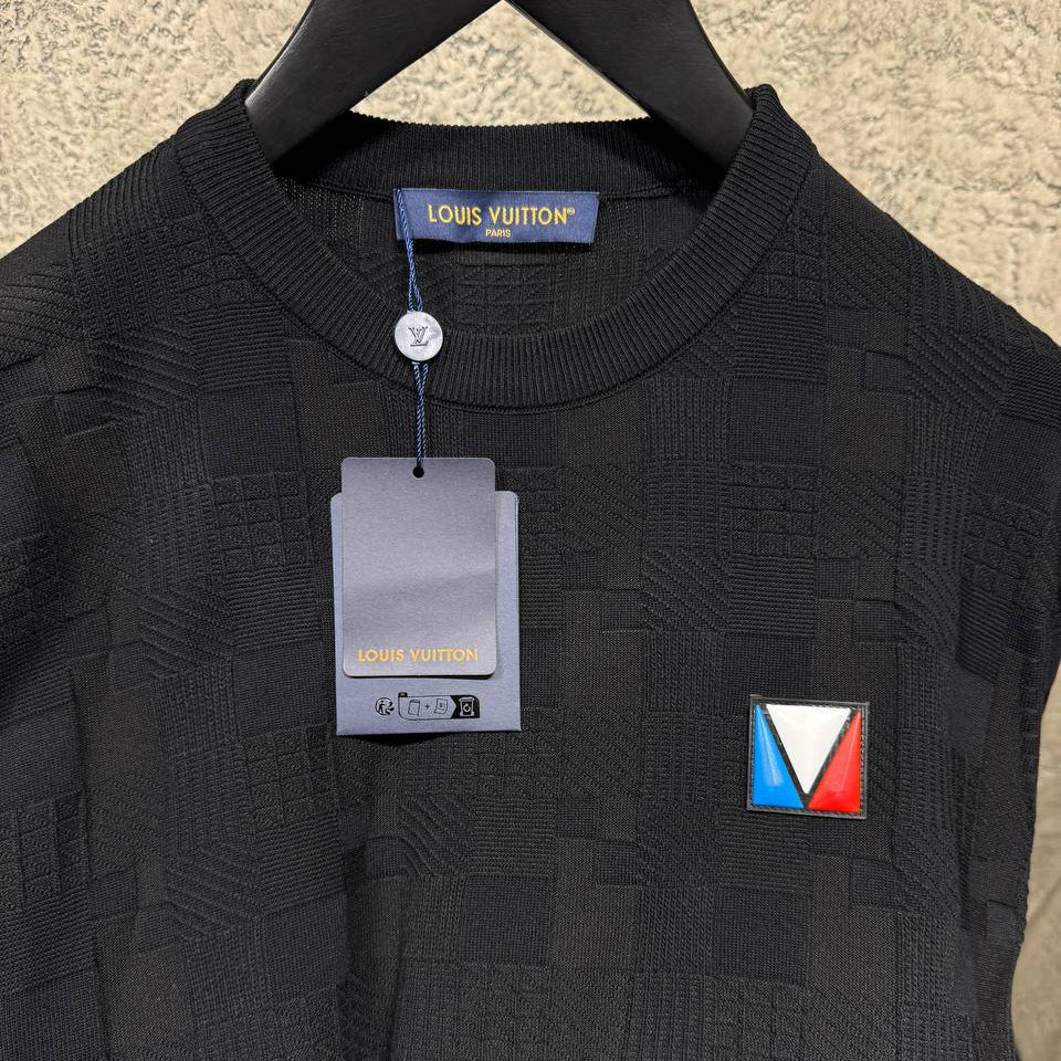 Tricou din bumbac negru Damier Jacquard