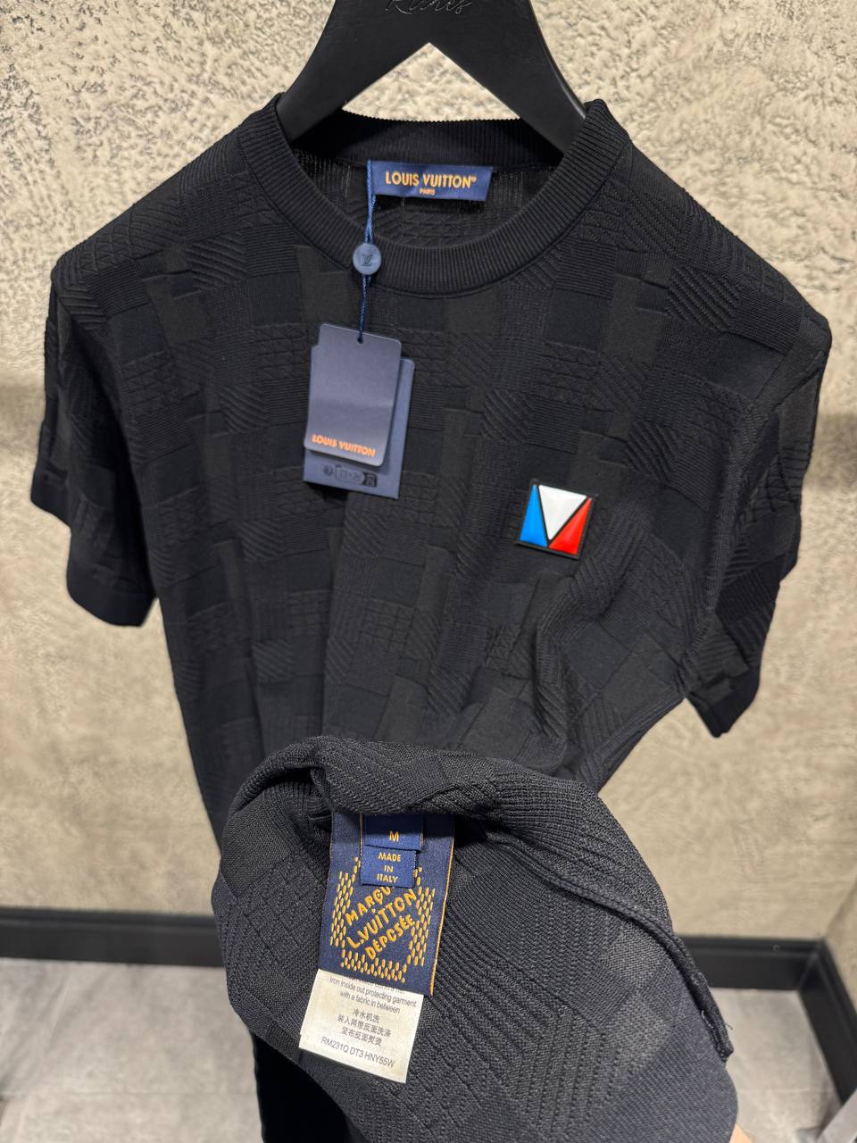 Tricou din bumbac negru Damier Jacquard